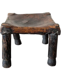 Antique Ethiopia Afar Tribe Leather Top Four Wood Legged Stool Beautiful Patina - Picture 1 of 12