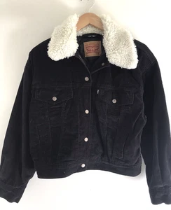 LEVI's Womens Corduroy Jacket Black Sherpa Collar Snaps Sz M Workwear Western - Picture 1 of 11