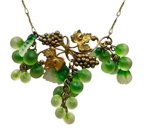 Vintage 70’s Art Nouveau Revival Pididdily Glass Grapes Drop Necklace - Picture 1 of 9