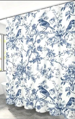 NEW Blue Birds On Blossom Branches Shower Curtain - 70" x 70" - Hooks - Image 1 of 4