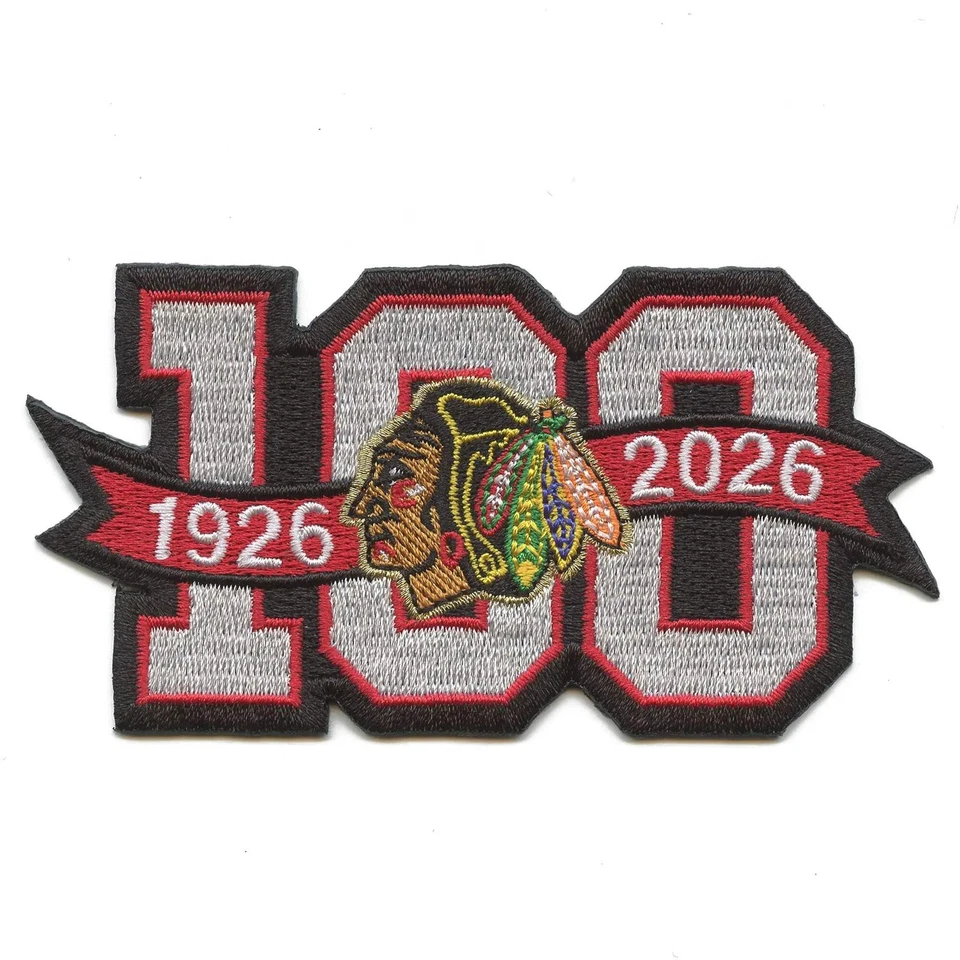 Вышитая нашивка на футболку сезона НХЛ к 100-летию Chicago Blackhawks 2025-26 - Изображение 1 из 3