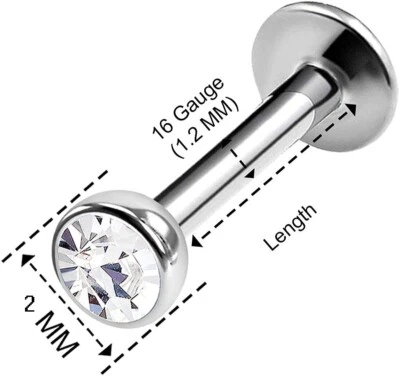 Internally Threaded Ear Monroe Lip Labret Stud 16g PRESS FIT CZ Tiny 2mm Gem - Image 1 of 4