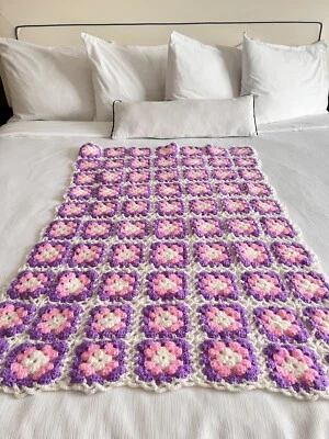 Granny Square Crochet Lap Blanket Small Throw Quilt White-Pink Purple  36”x42” - Image 1 of 4