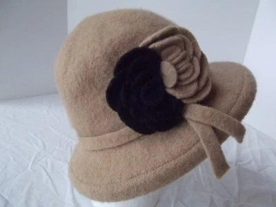 Sombrero hervido 100% lana bronceado cubo cloche ala de alambre floral talla única elástico aplastar  Foto 1 de 4