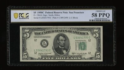 DBR 1950-C $5 FRN San Francisco Fr. 1964-L PCGS-B 58 PPQ Serial L03641793C - Image 1 of 2