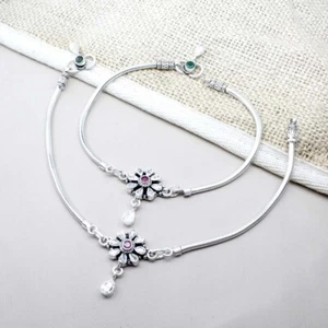 Etnico Donna Stile 925 Argento Vero Zirconia Cubica Ossidato Cavigliere 26.7cm - Foto 1 di 4