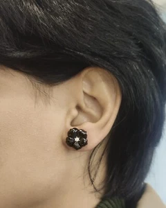GENUINE DIAMOND AND BLACK ONYX GEMSTONE FLORAL JACKET 14K GOLD EARRINGS - Picture 1 of 6