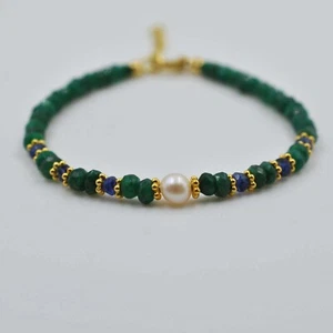 Emerald Sapphire Beaded Bracelet Pearl Silver Bracelet For Girls 3mm - Picture 1 of 9
