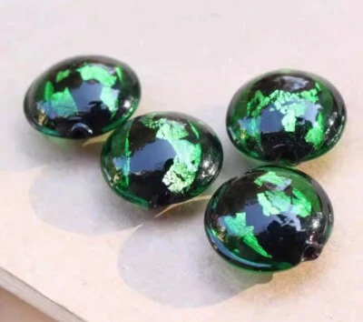 10 cuentas oblatas de vidrio de murano hechas a mano verde negro lámina de plata 8 mm * 15 mm Foto 1 de 2
