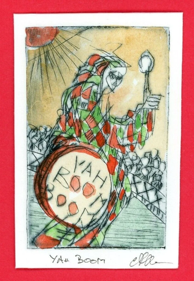 LIFE LIKE CIRCUS CLOWN DRUMMER PERFORMER?  Original Expressionist ETCHING Signed - Image 1 of 1