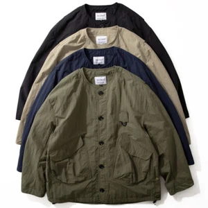 Japanese Cargo Jacket Men Loose Multi Pocket Casual Thin Collarless Coat - Picture 1 of 27