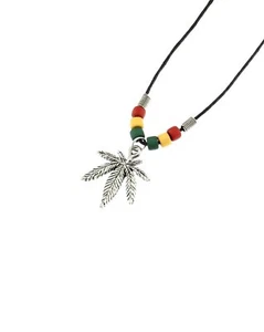 Pot Leaf Pendant on Wax Cord Necklace with Rasta Beads - Picture 1 of 2