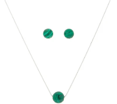Gemstone Bead Sterling Silver Necklace and Earring Set, Malachite, Chain Size - Image 1 of 3