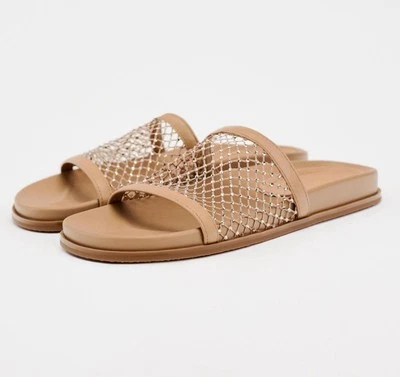 NEW Zara women's US 9 EU 40 Rhinestone mesh Flat Sandal Tan leather Slide Nude - Image 1 of 4