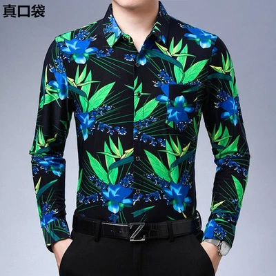 New Men's Long Sleeved Floral Shirt Business Loose Plus Size Printed Shirt Top - Image 1 of 4
