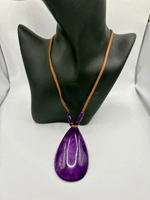 Large Purple Wooden Pendant Necklace Cord Boho Ethnic Tribal Statement - Image 1 of 4
