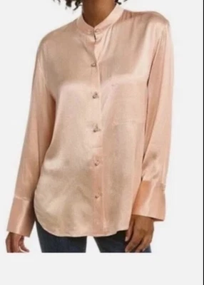 NOVO US$ 350 Vince Camisa Gola Relaxada Opala Pêssego Cetim Falso Pérola Botão XS - Imagem 1 de 4