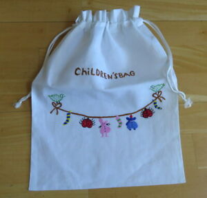 NEW Pretty White Cotton Drawstring bag with hand embroidered 'Children's Bag' 