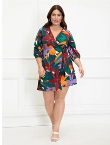 Eloquii Dress 18 Tropical Floral Elements Wrap Puff Sleeve Tie - Picture 1 of 13