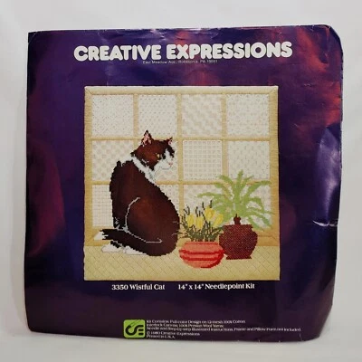 Creative Expressions Needlepoint Kit Wistful Cat #3350 14"x14" Vintage 1980 - Image 1 of 4