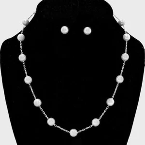 Pearl Station Necklace SET Studs Thin Chain Classic Simple Evening SILVER WHITE - Picture 1 of 1