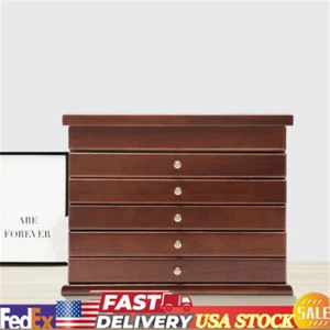 Vintage 6 Layers Jewelry Necklace Organizer Drawer Wooden Brown Storage Box Case - Picture 1 of 14