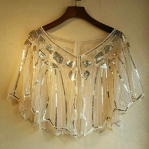 Lady Sequin Wrap Bolero Cape Shawl Mesh Glitter Bridal Wedding Formal Party Tops - Picture 1 of 21