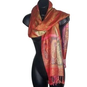 Pashmina Schal Halstuch leuchtende Farben orange türkis pink gold Paisley Fransen - Bild 1 von 12