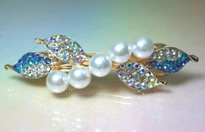 Romantic Bridal Hair Clip Barrette AB & Blue Rhinestones White Faux Pearl Leaves - Image 1 of 4