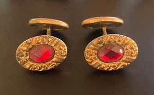 ANTIQUE CUFFLINKS GOLD TONE VICTORIAN FLORAL RED STONE ESTATE MEN JEWELRY GIFT - Picture 1 of 13