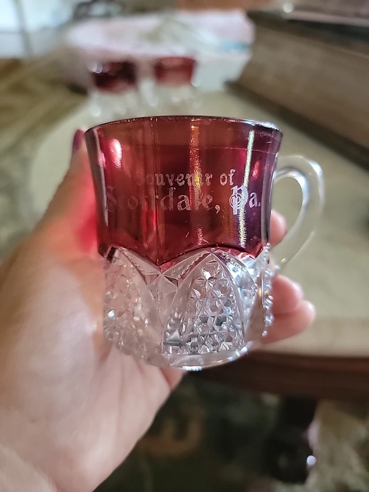 1906 Ruby Stain EAPG Pattern Glass Button Arches Personalized Scottdale PA Cup - Image 1 of 4