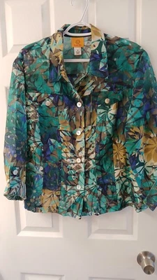 Ruby Rd Woman’s Lightweight Jacket Tropical 3/4 tab Sleeves Teal Gold Size 18 - Image 1 of 4