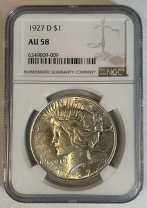 1927-D Peace Silver $1 Dollar Coin NGC AU 58 - Picture 1 of 2