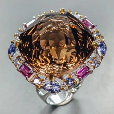 Anillo de piedras preciosas 42ct anillo de cuarzo ahumado natural plata de ley 925 talla 8/R445939 Foto 1 de 4