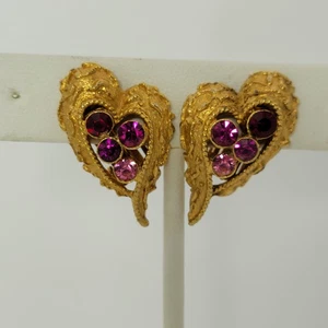 Vintage Coro Heart Clip On Earrings Gold Tone Rhinestone Signed Costume Jewelry - Picture 1 of 19