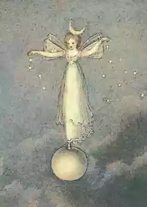 Postal repro vintage: Bonita hada se apoya en la luna (o planeta) en medio de las estrellas - Imagen 1 de 3