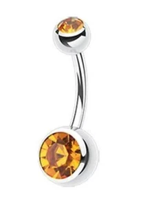 12mm Belly Bar Surgical Steel Amber Coloured Double Jewelled Navel Ring - Picture 1 of 1