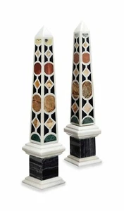 Marble Mosaic Two Obelisk Set Pieces Ancient Egyptians Inlay Obelisks 12" - Picture 1 of 3