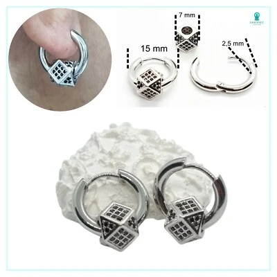 Orecchini uomo a cerchio acciaio inox cerchietti argento con sfera e brillantini - Immagine 1 di 4