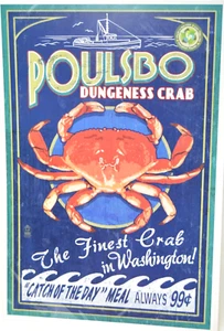 Póster de viaje de cangrejo Poulsbo Dungeness por prensa de linternas 12x18 NUEVO - Imagen 1 de 1