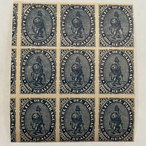 1870 PARAGUAY MINT MNH OG BLOCK OF 9 IMPERF STAMPS #2, COAT OF ARMS LION REPRINT Cover