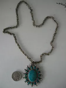 VINTAGE 1960s - Very Large True SANCREST Silvertone and Faux Turquoise Pendant - Picture 1 of 7