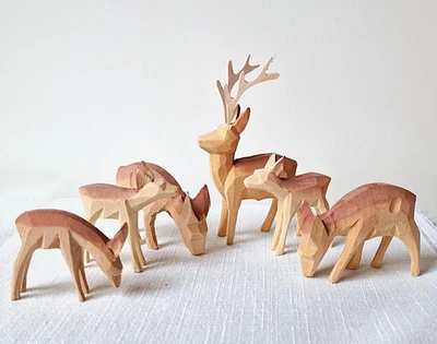 ❀ Rehe Rotwild geschnitzt Gruppe Hirsch Kalb 10cm Krippenfiguren Miniaturen Holz - Bild 1 von 4