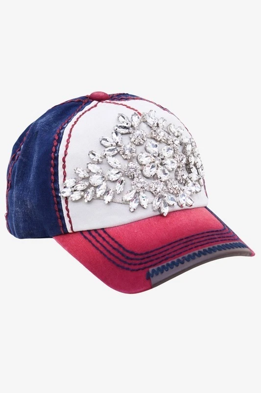 NWT Rhinestone Glitz Heavy Stitch Red White & Blue Baseball Cap by Olive & Pique - Image 1 of 1