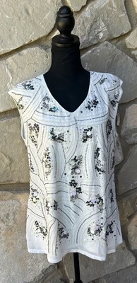 Coldwater Creek Beaded Holiday Tunic Top M/L Ivory Chiffon over Knit Excellent - Image 1 of 4