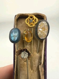 Vintage Stick Pin Lot Antique Rhinestone Glass Lucite Cameo 5pc - Foto 1 di 16