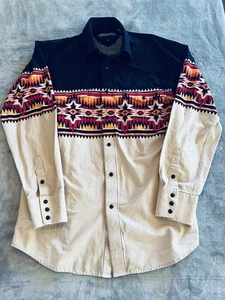 Men's Medium Panhandle Southwestern Aztec Shirt Long Sleeve Snap Fastener Cotton - Picture 1 of 5