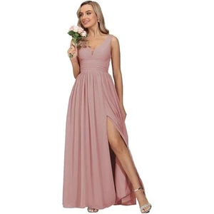 Bridesmaid Dress 8 Chiffon Long Wedding Guest A Line V Neck Formal Evening Slit - Picture 1 of 6