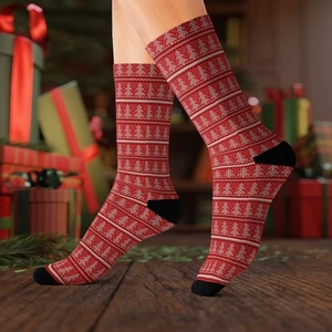 Christmas Tree Ugly Sweater Xmas Red Sublimation Socks - Picture 1 of 18