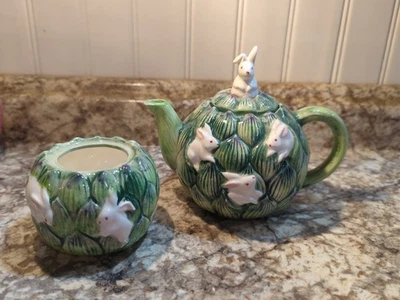 Vtg Takahashi Bunnies on Artichoke Teapot JAPAN (hand painted) - Image 1 of 4